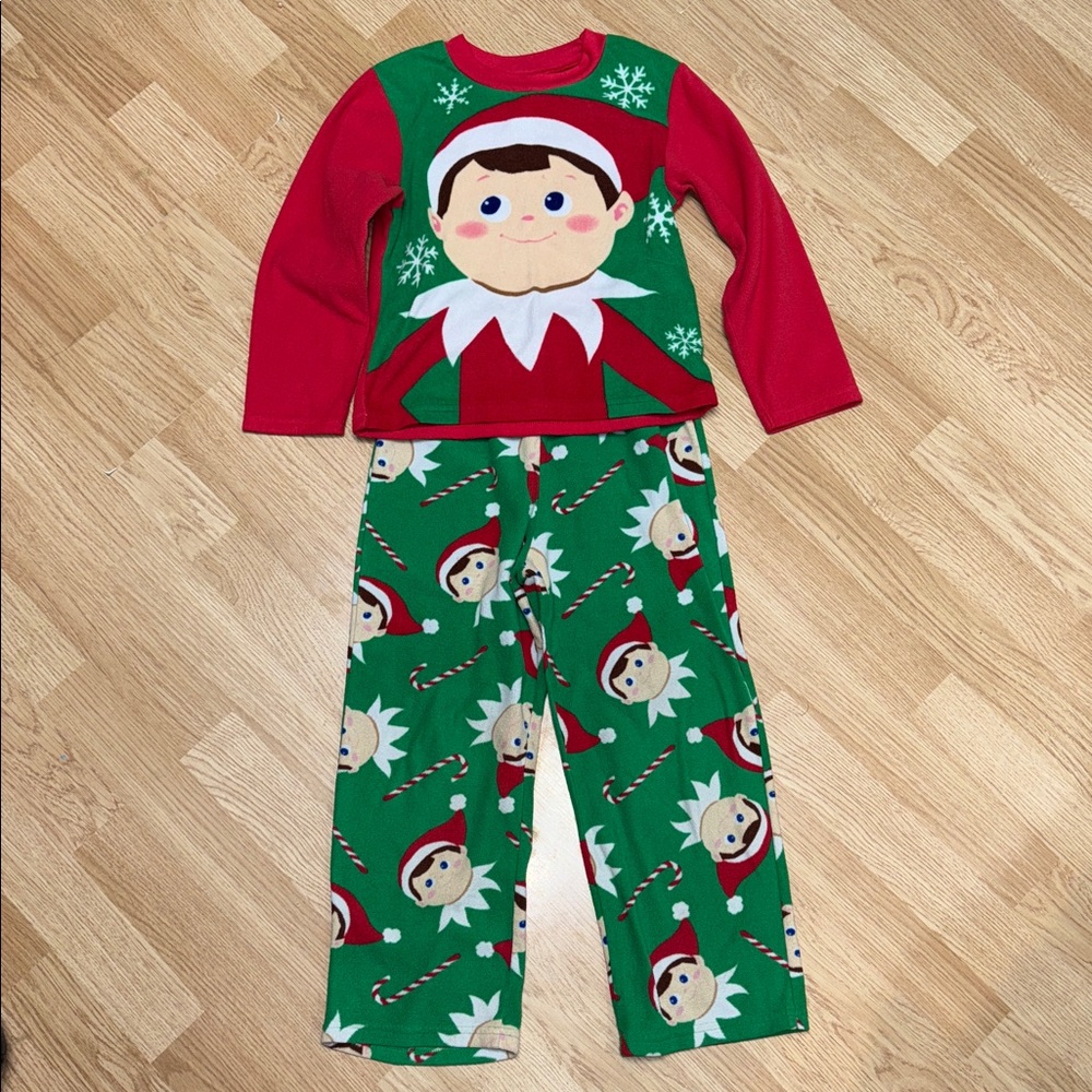 Elf On The Shelf Kids Medium Christmas Fleece Pajama Set Red Green Holiday
